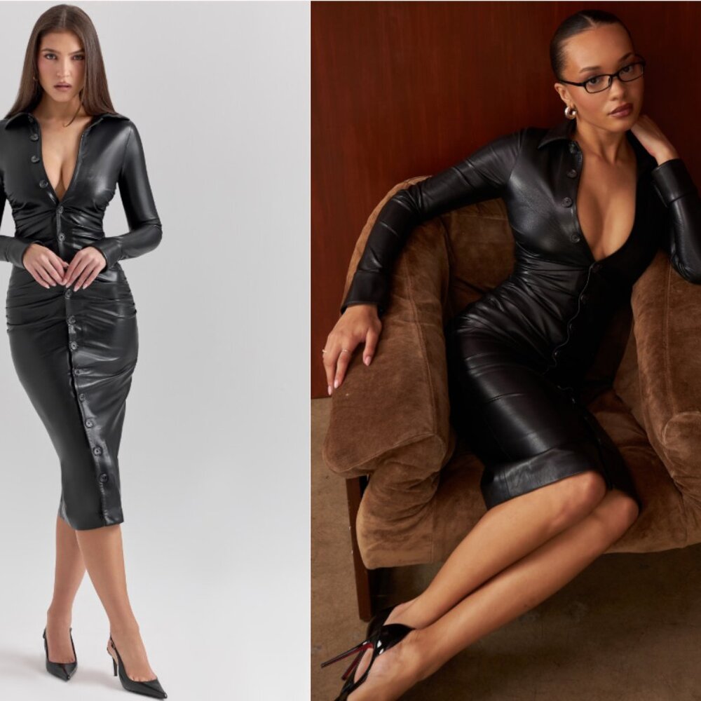 HOUSE OF CB 'Viola' Black Vegan Leather Long Sleeve Midi Dress NWOT